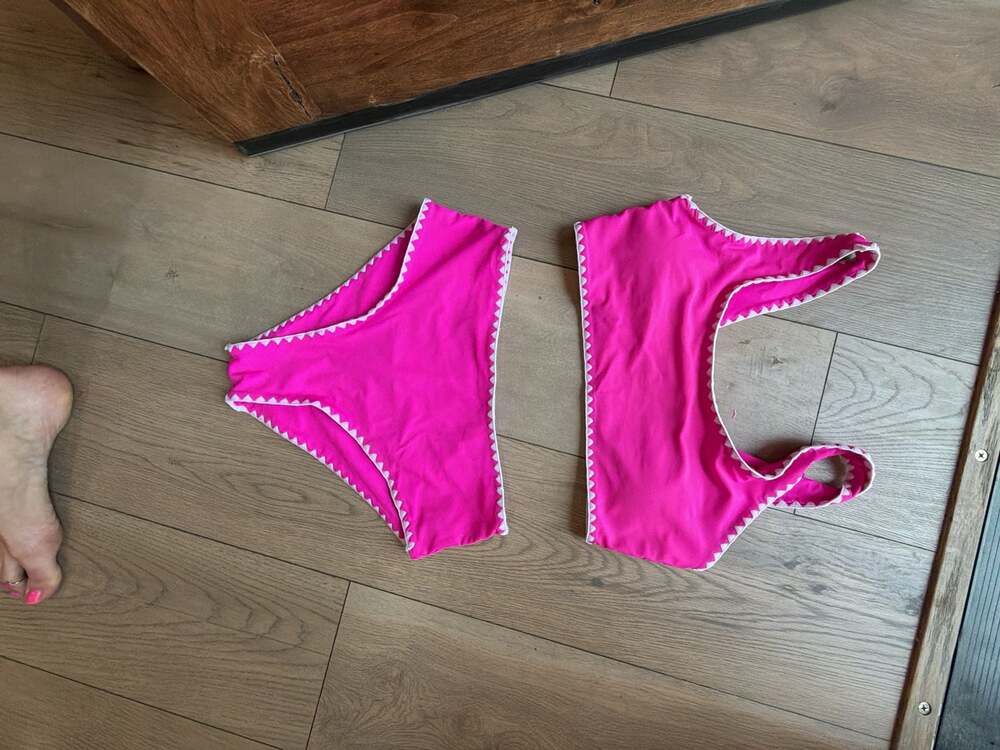 Hot Pink Shell Stitch Picot Trim Two-Piece Bikini Set